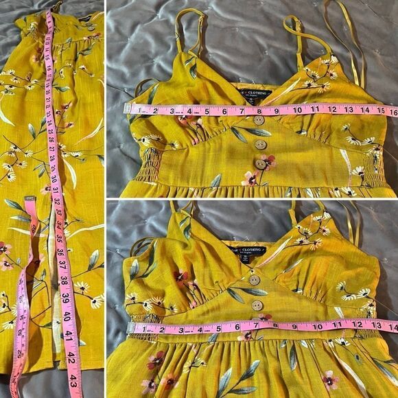 One Clothing Los Angeles Button Front Smocked Floral Midi Dress Mustard Yellow S - Picture 11 of 11